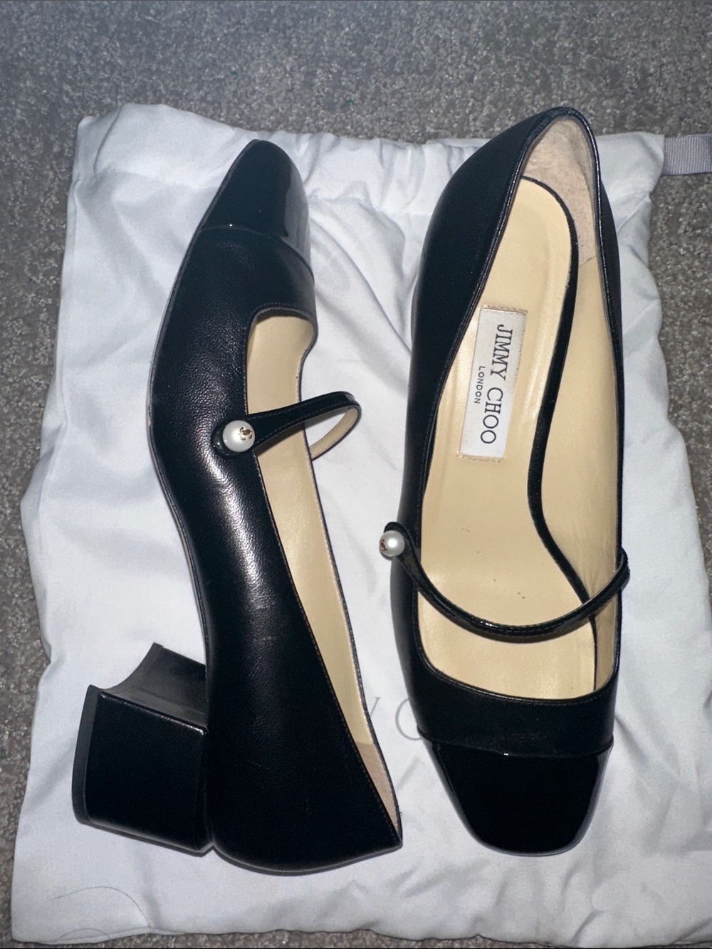 Jimmy Choo Black Leather Mary Jane Block Heel Pumps with Pearl Accent
